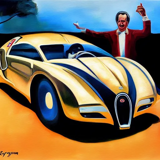 Prompt: richard feynman driving a bugatti, expressive oil painting, digital art