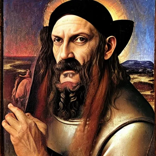 Prompt: lemmy kilmister as a patron saint, devotional art, renaissance painting, fra angelico