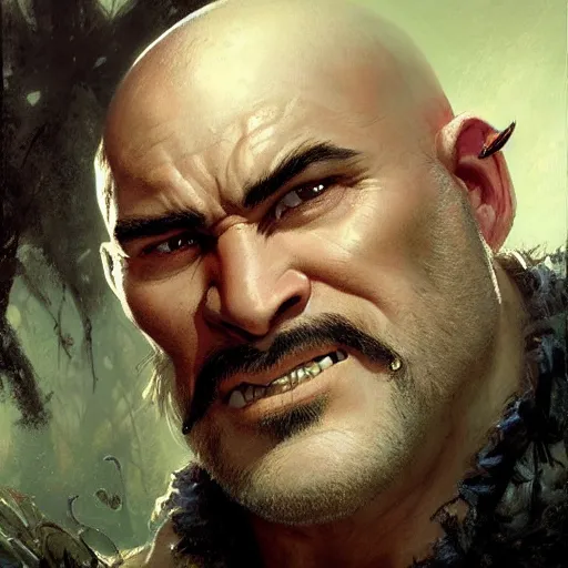 Image similar to well - groomed orc bard, goatee, bald, thoughtful expression, fantasy character portrait by greg rutkowski, gaston bussiere, craig mullins