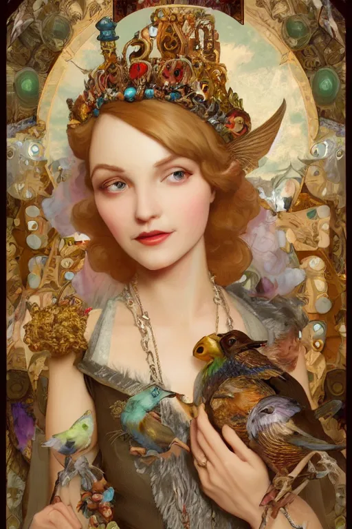 Prompt: face closeup, 3 d render of english princess holding birds, ornaments, background ornaments, mucha vibe, dieselpunk, solarpunk, artstation