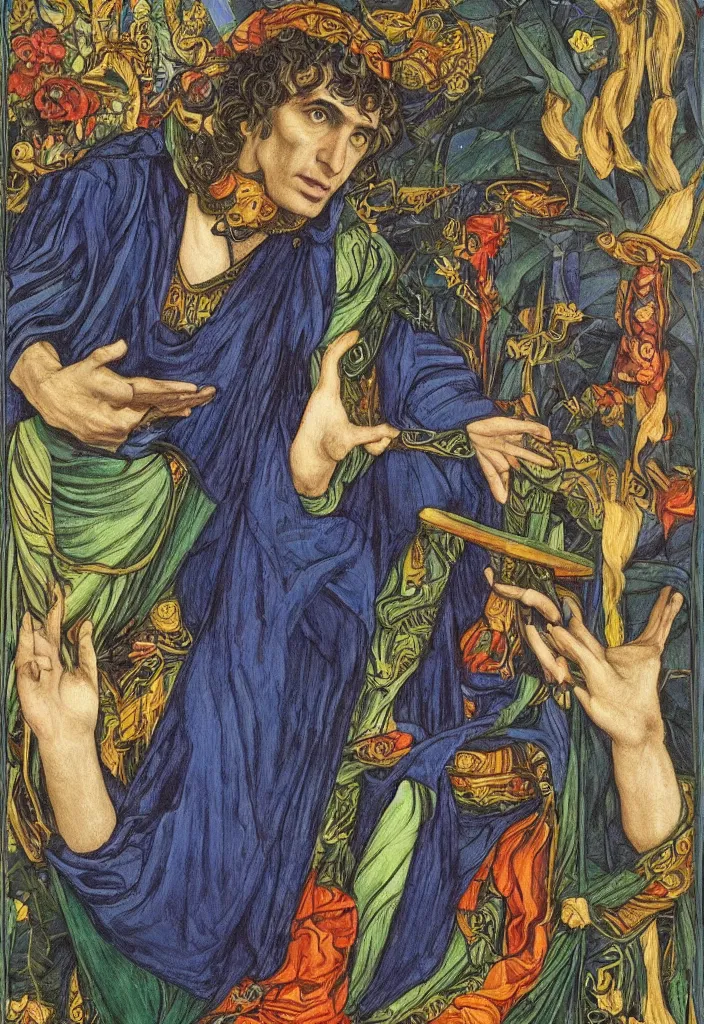 Image similar to Yoshua Bengio on the Tarot card. Illustration by preraphaelists