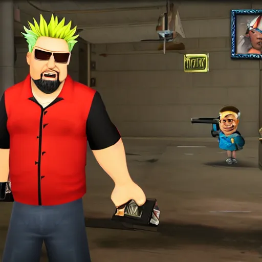 Image similar to an in-game Screenshot of Guy Fieri as a character in Team Fortress 2 (2007)