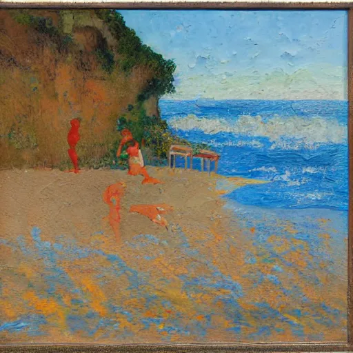 Prompt: oil paint impasto reliefs, italian beach scene, an artwork by charles w. bartlett and jackson pollack and colin campbell cooper