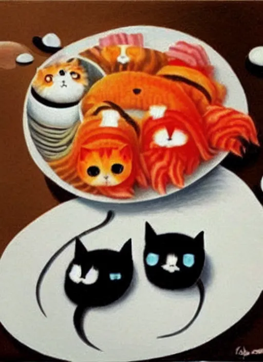 Image similar to clear surrealist painting of adorable cats made out of sushi