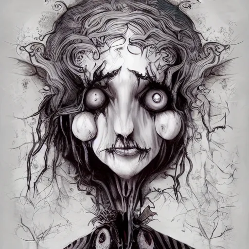 Image similar to alice in wonderland, nightmare, horror, art, illustration, by tim burton, artstation, artgem