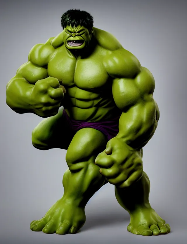 Prompt: photo of hulk but he's fat and has no muscles, 8 5 mm f / 1. 8, bokeh, backlit