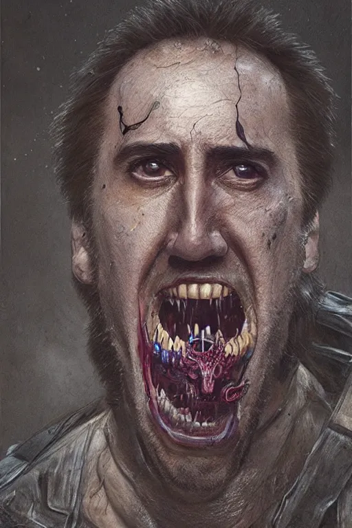 Prompt: Portrait of Nicolas Cage as mechanical killer cyborg screaming dark, intricate, smooth, artstation, painted by Wayne Barlowe, Greg Rutkowski, Zdislav Beksinski