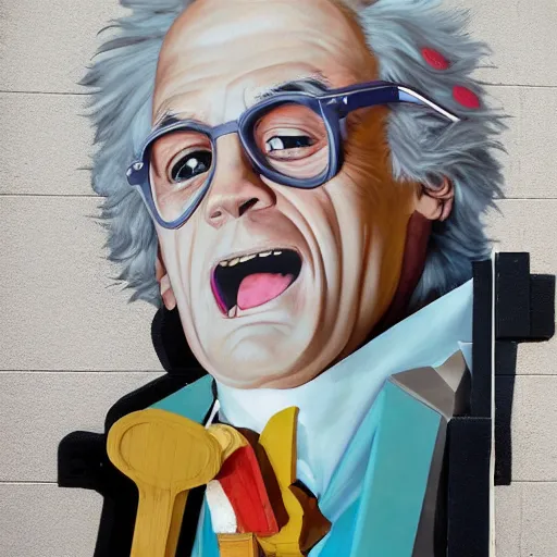 Prompt: Street-art portrait of doctor Emmett Brown from back to the future movie in style of Etam Cru