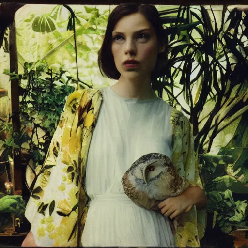 Prompt: head to shoulder grainy portrait Polaroid film photograph of an elegant top model wearing a yellow kimono with a very detailed barn owl on her shoulder!!! in a tropical greenhouse. looking at the camera!!. super resolution. Polaroid 600 film. art by Alessio albi and john william waterhouse and John Singer Sargent and greg rutkowski