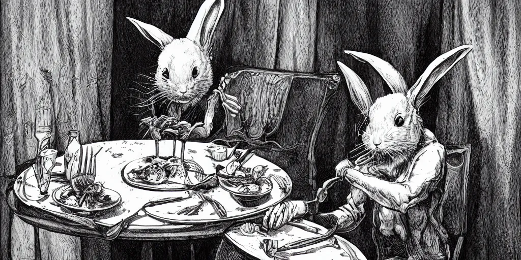 Prompt: An evil detailed white rabbit eating human bodyparts with a knife and fork sitting on a chair at the dinner table, by Mike Francini, Artstation, Dark, Fantasy, bloody, scary, spooky, detailed