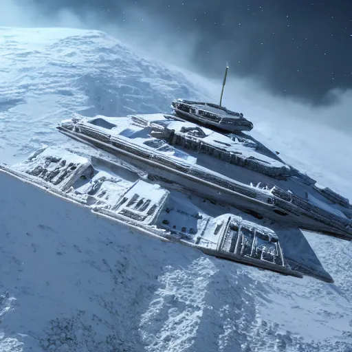 Prompt: star destroyer flying over snow from star wars movies, 4k ultra realistic, unreal engine 5 quality, trending on artstation