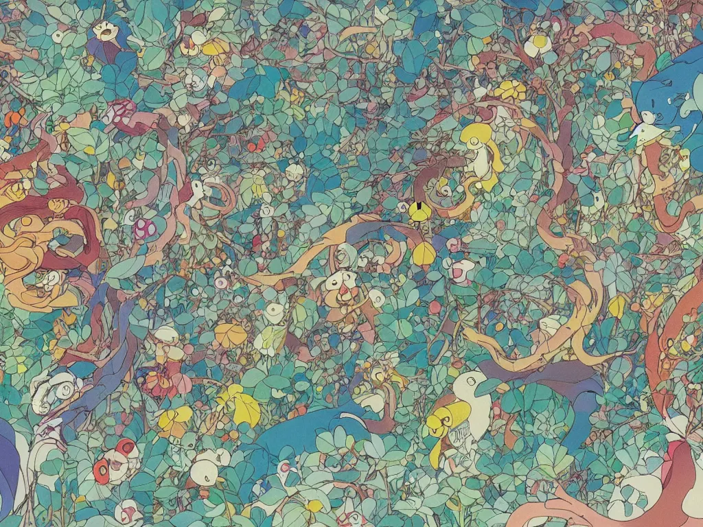 Image similar to colorful blueprint sideview of a fairytale forest, illustration, concept art, colorful, beautiful, studio ghibli, hayao miyazaki, takashi murakami, alfons mucha, manga, cute and adorable