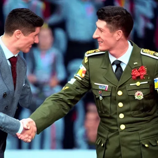 Prompt: robert lewandowski shaking hands with german dictator