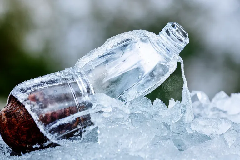 Image similar to perfume bottle buried a tropical oasis, frozen and covered in ice and snow