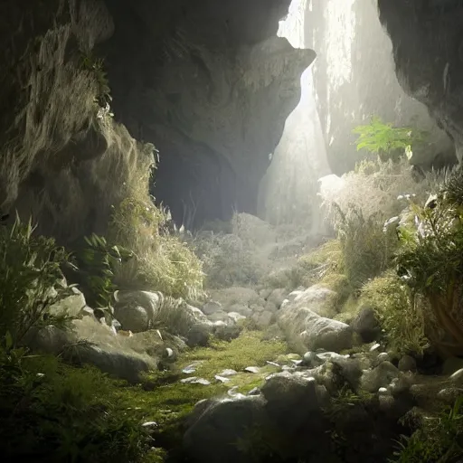 Image similar to overgrown cave made of white paper, crystal lighting, mystical, hyperrealistic, 4 k, unreal engine, highly detailed, dramatic lighting, magical,