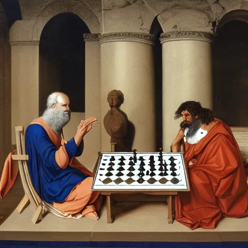 Image similar to Socrates playing chess with Charlemagne