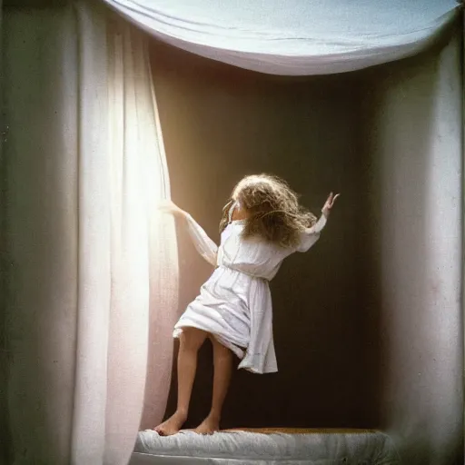 Image similar to portrait of girl in linen clothing falling from the room ceiling into a bed, natural sun lighting, 8 5 mm lens, artistic, photography by annie leibovitz