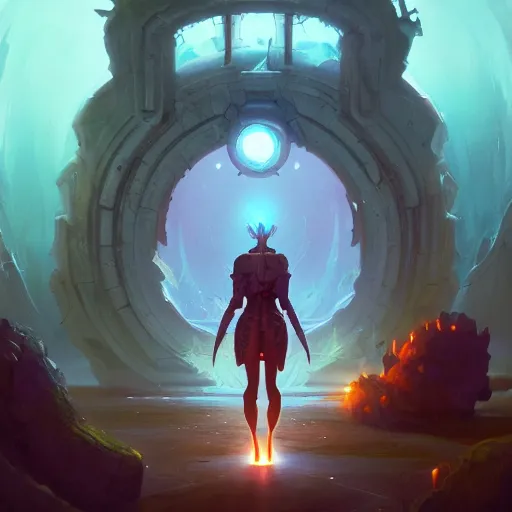 Image similar to Portal to another dimension by greg rutkowski and peter mohrbacher. trending on artstation, Unreal Engine, cgsociety, deviantart, 8k render