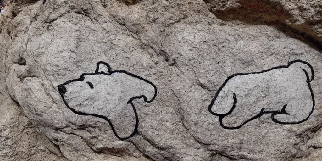 Prompt: A Yorkshire Terrier drawn on the stone of a cave, a petrogliph, art by Pueblan peoples, stone art