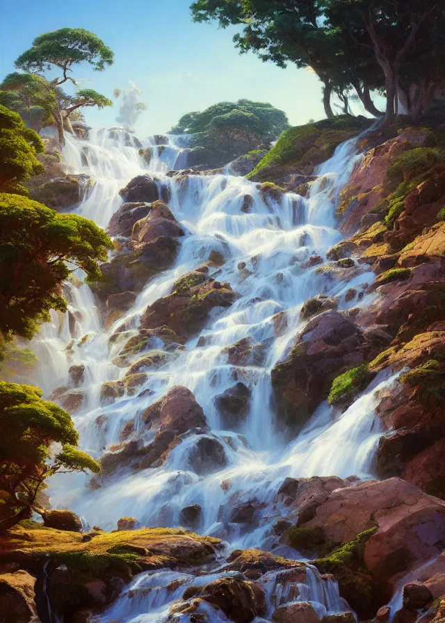 Prompt: pebble beach waterfall, extremely detailed oil painting, unreal 5 render, rhads, sargent and leyendecker, savrasov levitan polenov, bruce pennington, studio ghibli, tim hildebrandt, digital art, landscape painting, octane render, beautiful composition, trending on artstation, award winning photograph, masterpiece