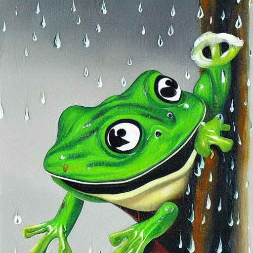 Prompt: a painting of a happy frog under the rain wearing a rainy coat by kazuo oga