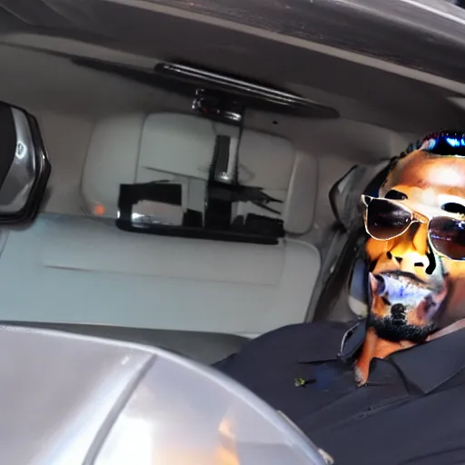 Image similar to Snoop Dogg is sitting in a police car wearing a cap C-13