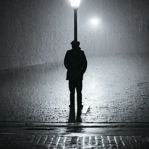 lonely man waiting in rain at night under a street lamp | Stable ...