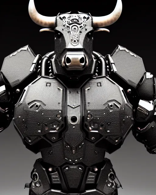 Image similar to a full body shot of an imposing cyborg bull modeled after a bull looking into the camera, contrast lighting, black skin!!!, intricate pattern, hard rubber chest, highly detailed, android, cyborg, full body shot, intricate, 3 d, symmetrical, octane render, fantasy, highly detailed, digital art, artstation, strong bokeh, black face