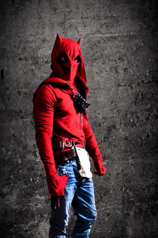 Image similar to red hood cosplay, creepy, disturbing, bloody, darkness, grainy, urban, jeans