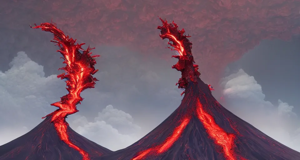 Image similar to a volcano made of ivory vines and crimson rocks enters in eruption, it spits a smoke in the shape of demonic eye, by Blizzard Concept Artists