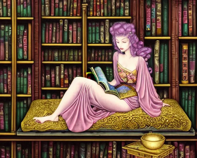 Prompt: a detailed fantasy pastel portrait of a woman wizard in ornate clothing lounging on a purpur pillow on the marble floor in front of her bookcase in a room, reading an ancient tome. to the side is a potted plant, moody light. ancient retrofuturistic setting. key art, focus on face, by chie yoshii and casey weldon