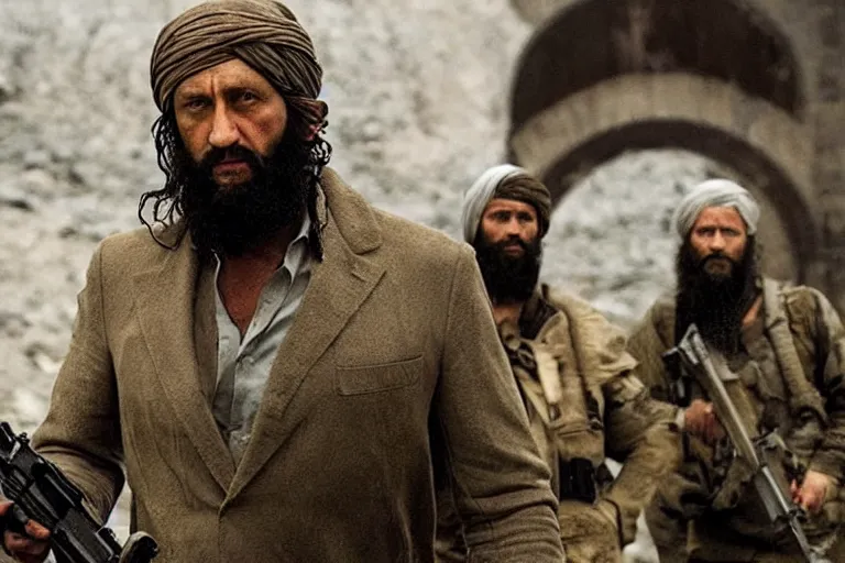 Image similar to Daniel Craig as a Osama Bin Laden doppelgänger in the new movie directed by Christopher Nolan, movie still frame, promotional image, symmetrical shot, idiosyncratic, relentlessly detailed, limited colour palette