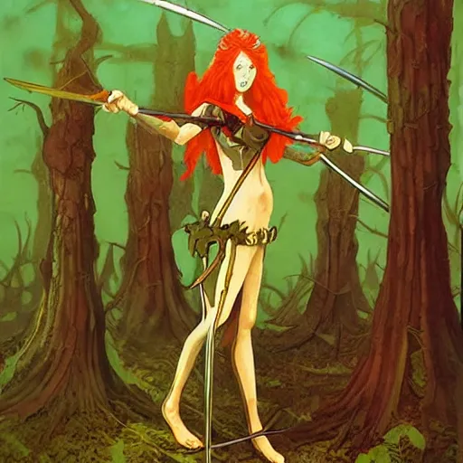 Image similar to moonshine cybin, epic level dnd wood elf spore druidess, wielding a magical sword, wearing magical overalls. covered in various fungi. full character concept art, realistic, high detail digital gouache painting by angus mcbride and michael whelan and jeffrey jones