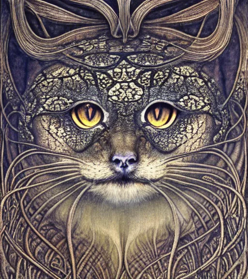 Image similar to detailed realistic beautiful manul face portrait by jean delville, gustave dore, iris van herpen and marco mazzoni, art forms of nature by ernst haeckel, art nouveau, symbolist, visionary, gothic, neo - gothic, pre - raphaelite, fractal lace, intricate alien botanicals, ai biodiversity, surreality, hyperdetailed ultrasharp octane render