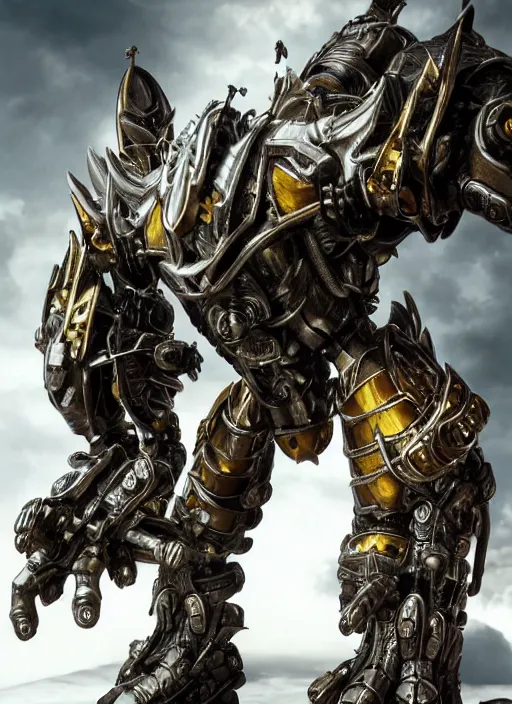 Image similar to hyper realistic glorious ancient wargreymon in a obsidian metal armor, futuristic design, designed by makoto kobayashi and luca zampriolo, portrait, cyberpunk style, wood and gold details, intricate, extremely detailed, ornate, deep of field, hard surface, exoskeleton, substance designer metal unreal engine. amazing likeness. very detailed.