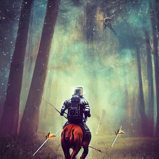 Image similar to arrows struck astronaut riding a horse in a fantasy forest, landscape, cinematic, digital art, front lit, epic, cinematic