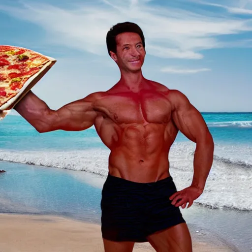 Image similar to muscular pizza man, beach background