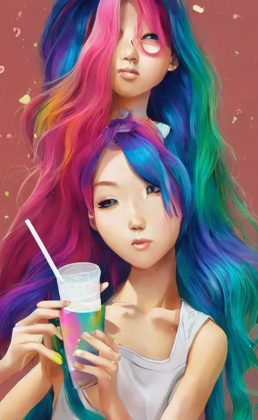 Image similar to a kawaii woman with rainbow hair, happy, summer time, holding boba tea drink, soft eyes and narrow chin, dainty figure, long hair straight down, kawaii shirt and jeans, basic white background, In style of by Jordan Grimmer and greg rutkowski, crisp lines and color