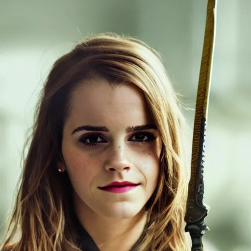 Image similar to emma watson with a sword fighting skinny nerds. photograph.