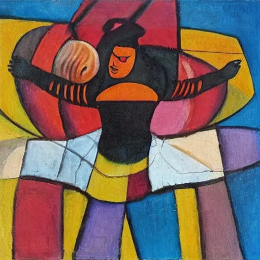 Image similar to fat mayan woman dancing, brilliant sunset, cubism, muted colors, texture