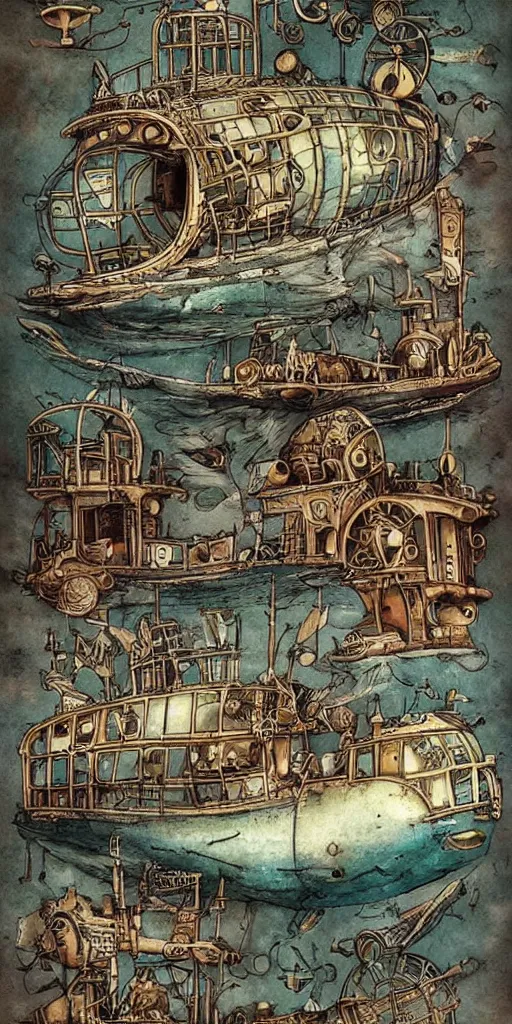 Image similar to a vintage steampunk living whale submarine by alexander jansson and where's waldo and leonardo da vinci