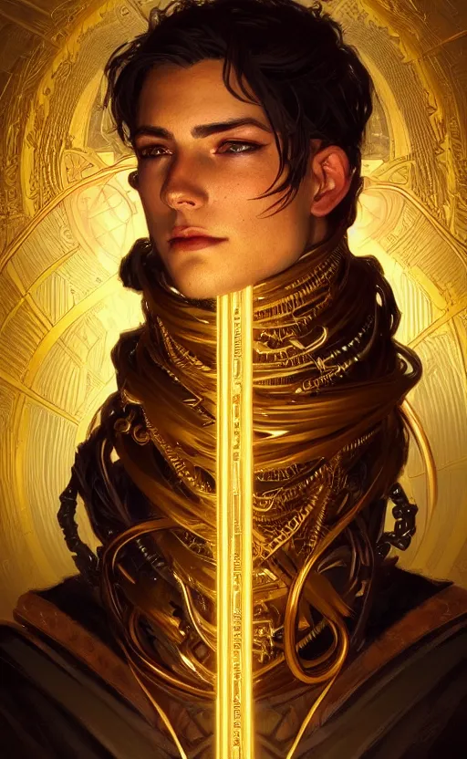 Prompt: portrait of a young handsome dark god, gold wires, steampunk, intricate, headshot, highly detailed, digital painting, artstation, concept art, sharp focus, cinematic lighting, illustration, art by artgerm and greg rutkowski, alphonse mucha, cgsociety