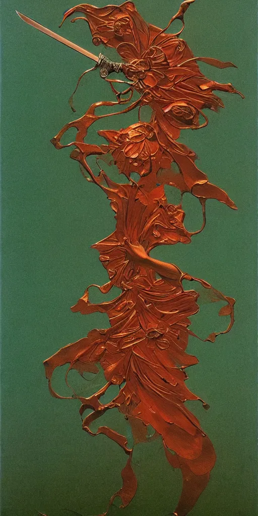 Prompt: a sword made from flower petals in the style of zdzisław beksinski, elegant, copper and emerald, shining