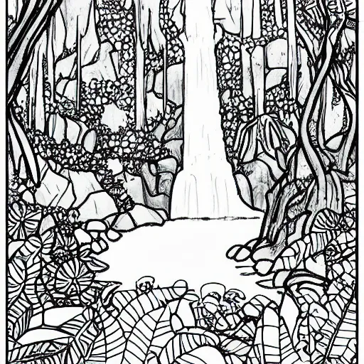 Image similar to an adult coloring page of a waterfall in the enchanted forest, light detail