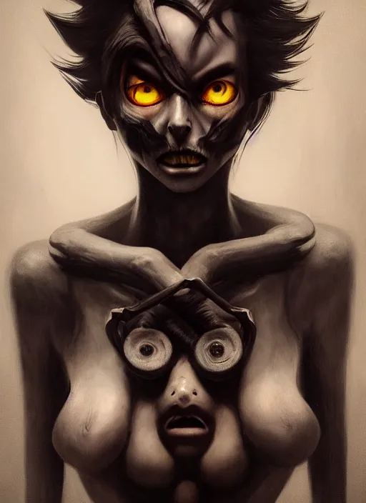 Image similar to dark portrait painting of tracer from overwatch, in style of zdzisław beksinski, scary, horror, 4 k, feminine facial features, overwatch tracer character, horror, body horror, disturbing, detailed face, dressed in dark garment, black tendrils, tall,