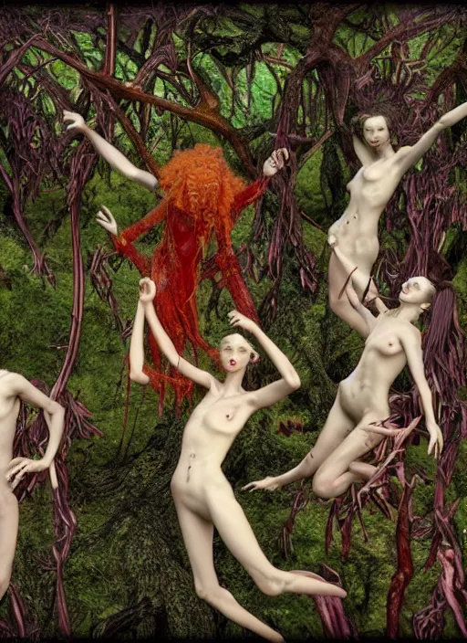 Image similar to photo of a pagan nymphs dancing with imps and demons and goats having a profound lifechanging psychedelic experience in a deep thorns bones bloody forest , by and Austin Osman Spare and Takato Yamamoto and Vania Zouravliov, high resolution, rendered in octane 3d
