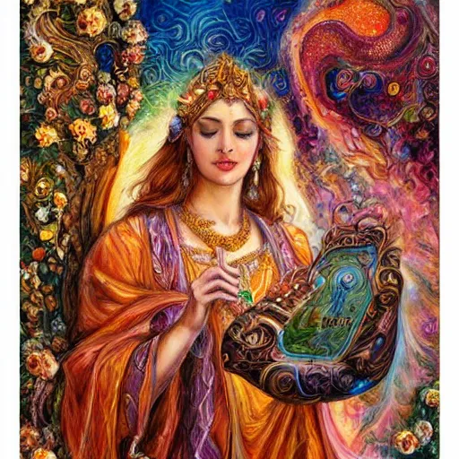 Image similar to goddess checking her phone, by josephine wall, trending on artstation, amanda sage