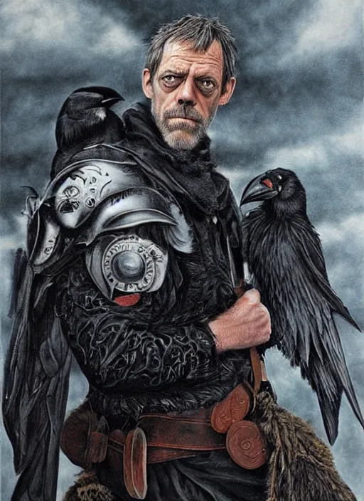 Prompt: hugh laurie as odin with only one eye, wearing a leather eye-patch!, a raven on his shoulder, dark background, stormy clouds, hyperrealistic, very detailed painting by Glenn Fabry, by Joao Ruas, by Artgerm