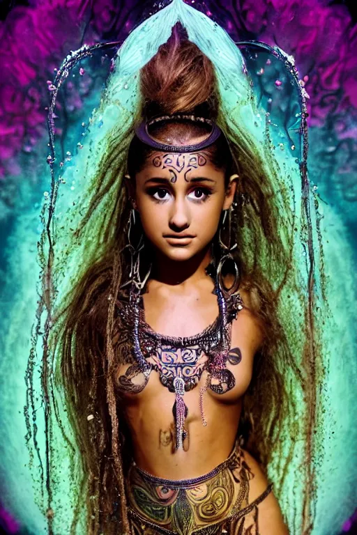 Image similar to a centered render of ariana grande as a mytical festival hippy with tribal tattoos wearing intricate metallic clothing surrounded by a underwater ink pour and flowing liquid gallium and sacred geometry, perfect body and face, gorgeous, cinematic, beautifully lit, by peter kemp, by karol bak, by donato giancola, 3 d, trending on artstation, octane render, 8 k