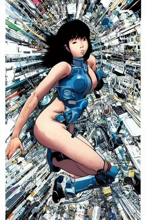 Image similar to coherent motoko kusanagi kneeling on a white in style of masamune shirow, empty floor, with a mess of wires and cables coming out of her head and backside, by Yukito Kishiro and katsuhiro otomo, illustration, cyberpunk, hyper-detailed, colorful, complex, intricate, masterpiece, epic